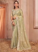 Shimmer Silver Net Light Green Party Wear Swarovski Work Saree